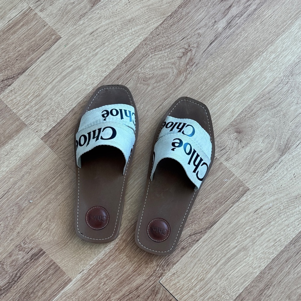 Chloe Tan and Cream Logo Slide Sandals